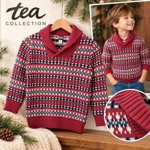 Tea Collection Boys Red Fair Isle Shawl Collar Cotton Knit Sweater Size 6-7 M